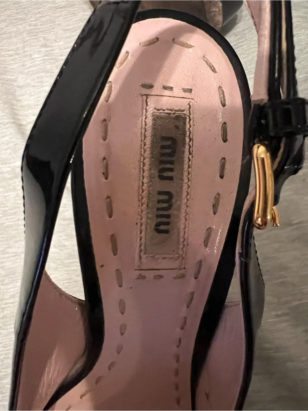 Miu Miu Black Patent Platform Slingback Heels with Pink Trim